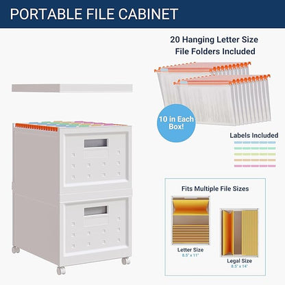Collapsible Stackable Rolling File Boxes with Lids and 10 Hanging Files, Portable Plastic Storage Organizer with wheels for Home or Office, 2-Pack