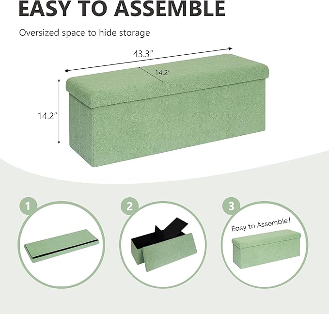 43 Inches Storage Ottoman Bench - Square Ottoman with Sherpa Top,Storage Bench for Bedroom,43" L x 15" W x 15" H - Green