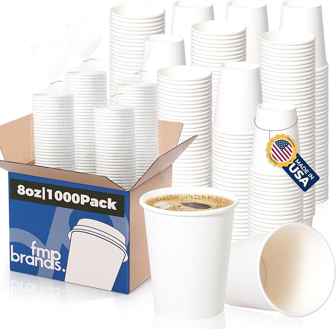 Fit Meal Prep 1000 Pack 8 oz Disposable Paper Coffee Cups, Premium White Hot Cups for Hot/Cold Beverage, Durable Thickened Paper Cup Bulk for Party, Office, Bussines, Home, Bistros, Events