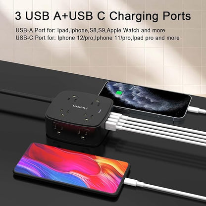 10 Ft Surge Protector Power Strip - 8 Widely Outlets with 4 USB Ports, 3 Side Outlet Extender with 10 Feet Extension Cord, Flat Plug, Wall Mount, Desk USB Charging Station, ETL, Black