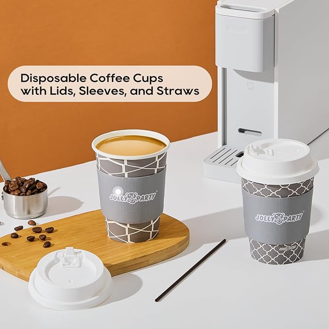 JOLLY PARTY [100 Sets] 12 oz Paper Coffee Cups, Disposable Coffee Cups with Lids, Sleeves and Straws, Hot Cold Beverage Drinking Cup for Water, Coffee or Tea, To-Go Cup Suitable for Office and Travel