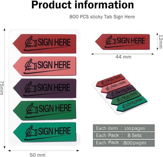 800 Sheets Sign Here Index Marker, Assorted Colors Sign Here Tabs Sign Post Here Index, Flags Vital Signs Sticky Notes for documents notebooks Contracts, Books,Files or Notary Supplies