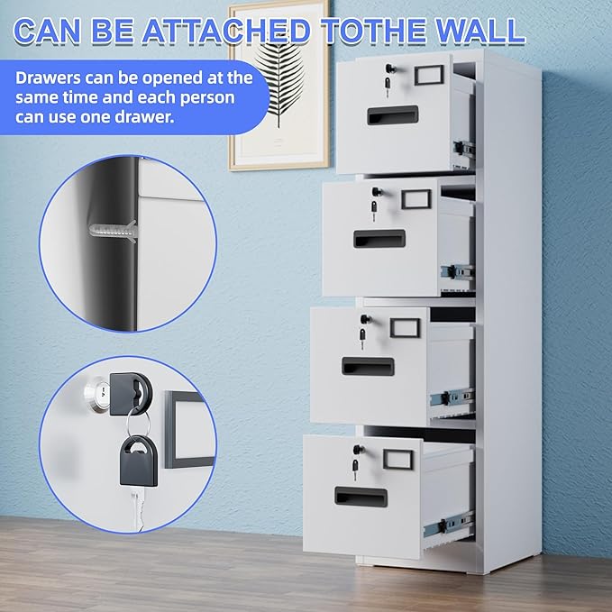 SUXXAN 4 Drawer File Cabinet, Metal Vertical File Storage Cabinet with Lock, Office Home Steel Vertical File Cabinet for A4 Letter/Legal Size, 14.96" W x 17.72" D x 55.2" H, Assembly Required