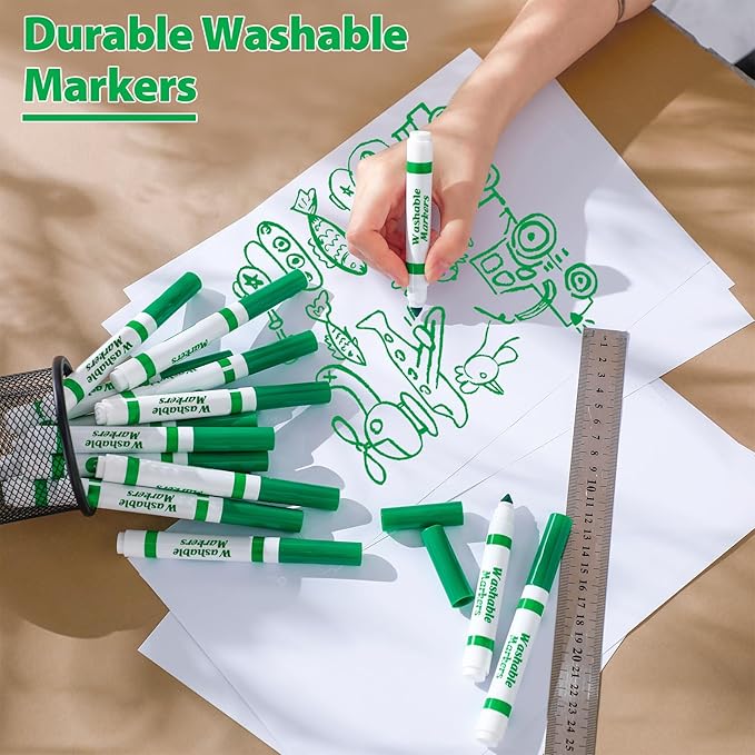 Janlaugh 36 Pcs Green Washable Markers Bulk Coloring Broad Line Markers for Kids Green Conical Tip drawing pen for School Supplies, travel Art baby shower gender reveal party Supplies, Ages 6+