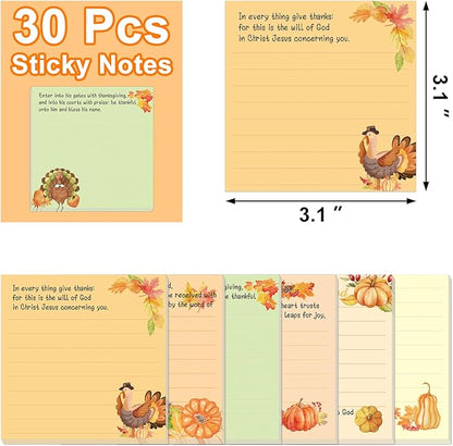 30 Pack Thanksging Christian Sticky Notes - 600 Sheets Religious Notepads Givethanks Bible Verse Quotes Notepads for Message Reminder Gifts Diary Lists Schedules Studying Office School