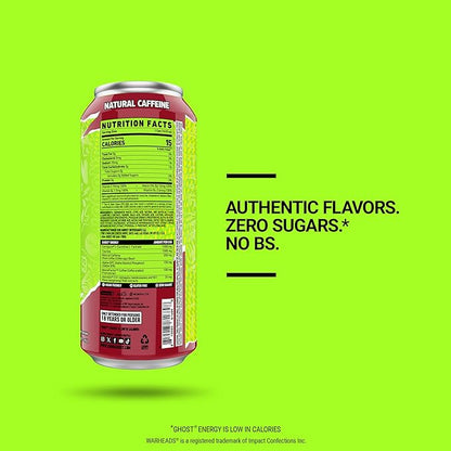 GHOST Energy Drink - 12-Pack, Warheads Sour Black Cherry, 16oz - Energy & Focus & No Artificial Colors - 200mg of Natural Caffeine, L-Carnitine & Taurine - Gluten-Free & Vegan
