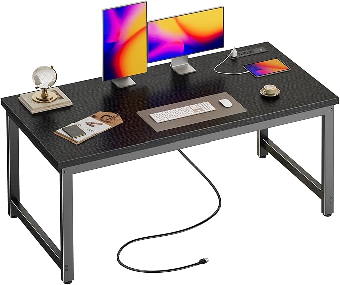 Huuger 55 x 24 inch Desk with Power Outlets & USB-C, Deeper & Thicker Desktop, Robust Metal Tubes, Computer Desk, Heavy Duty Office Desk, Work Gaming Desk for Home Office, Black
