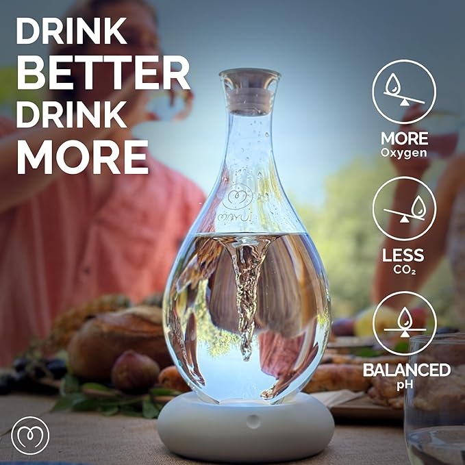 MAYU Swirl Structured Water Carafe - Innovative Vortex Technology Handblown Pitcher. Post Reverse Osmosis Filter Aerating Water Dispenser Stand 1.5 Liter| 51 Oz Dining Glass Jug Design (Dolomite Base)