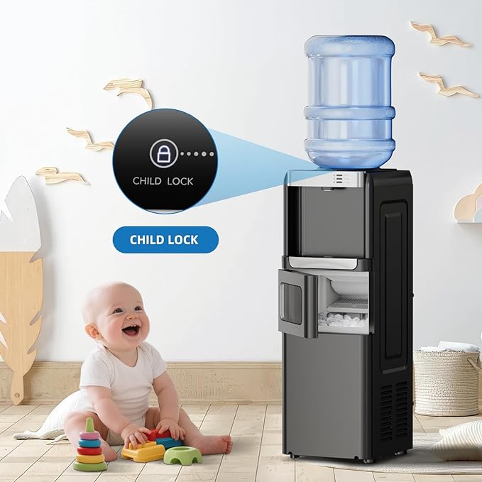 Antarctic Star 3-in-1 Hot and Cold Water Cooler Dispenser with Built-in Ice Maker, for 3 to 5 Gallon Bottle Water Dispenser，with Child Safety Lock，Black