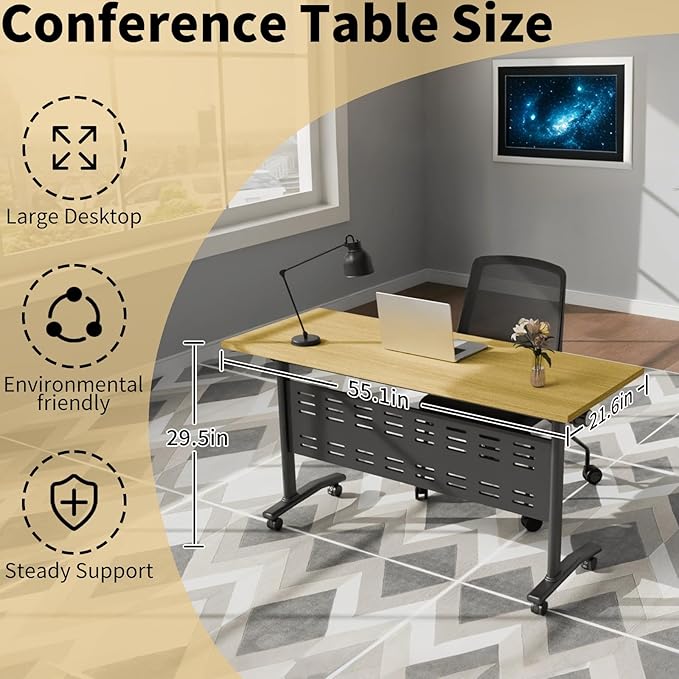 Conference Table Folding Conference Room Tables, Modern Mobile Meeting Training Table with Silent Wheels, Foldable Seminar Table for Offices, Classrooms, Libraries (10, Maple, 55.1in)