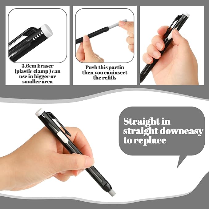 12 Pieces Retractable Mechanical Eraser Pen Bulks Retractable Mechanical Stick Eraser Refill for Teacher Gifts Painting Writing Office Daily Study (Solid Black)