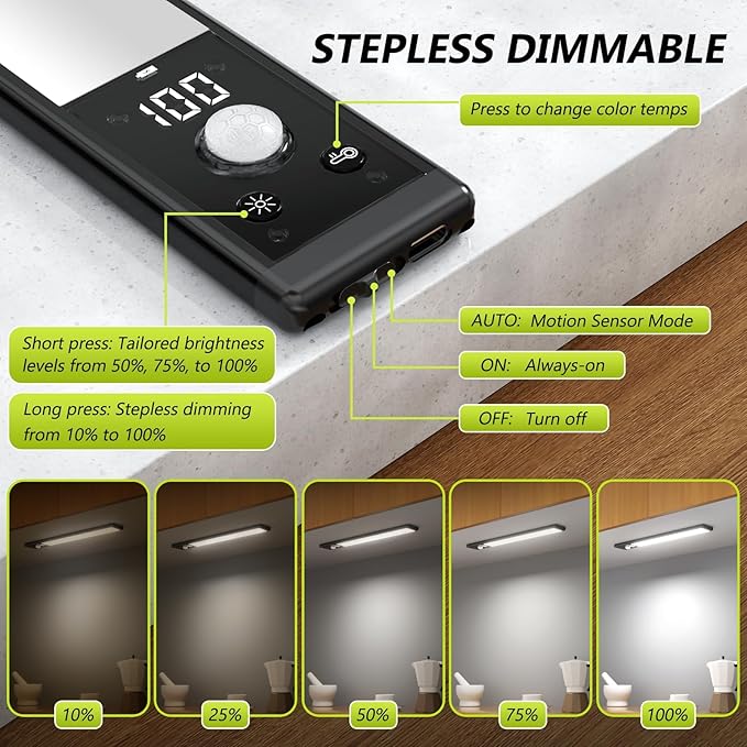 4 Pack 10" Under Cabinet Lights with Digital Display,52 LED Rechargeable Motion Sensor Light Indoor,3 Color Temperatures, Magnetic Dimmable Closet Lights, Under Counter Light for Kitchen