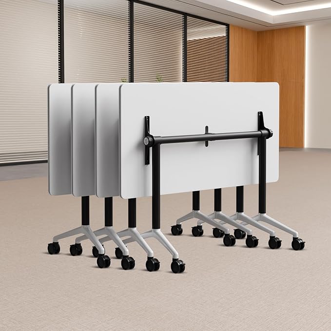 Folding Conference Table, Conference Room Tables Foldable Large Meeting Seminar Table on Wheels,Flip Top Boardroom Training Tables for Office, Classroom,Meeting (4, White2, 47.2in)