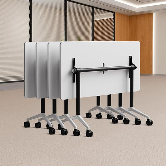 Folding Conference Table, Conference Room Tables Foldable Large Meeting Seminar Table on Wheels,Flip Top Boardroom Training Tables for Office, Classroom,Meeting (4, White2, 61in)