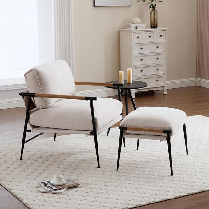 DUOMAY Mid Century Modern Accent Chair with Ottoman Set, Chenille Beige Upholstered Living Room Chair with Metal Legs Lazy Lounge Chair Set with Footrest for Bedroom Living Room