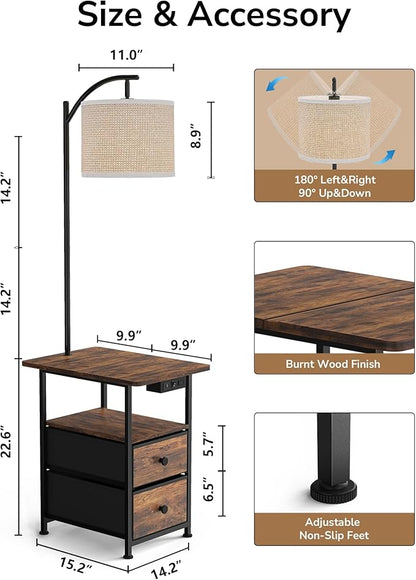 JACKYLED Floor Lamp with Table & 2 Drawers, 3-Color End Table Flood Lamp with Charging Station (USB, Type-C, AC), Vintage Side Table with Lamp for Reading, Bedroom, Living Room, Paper String Shade