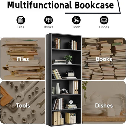 6 Tier Book Shelf, Tall Display Bookcase Modern Wood Bookshelf, 6 Shelf Bookcase Storage Organizer for Garage Kits/CDs/Books/Movies, Black Bookshelf for Home Office Living Room