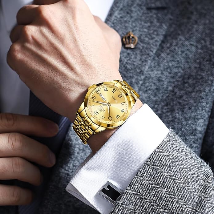 Men's Casual Stainless Steel Watch, Big Face Easy to Read Analog Quartz Watch with Day and Date, Classic Waterproof Diamond Roman Arabic Numerals Dial Dress Watch for Men, Gold Silver Black Band
