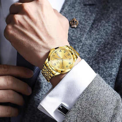 Men's Casual Stainless Steel Watch, Big Face Easy to Read Analog Quartz Watch with Day and Date, Classic Waterproof Diamond Roman Arabic Numerals Dial Dress Watch for Men, Gold Silver Black Band