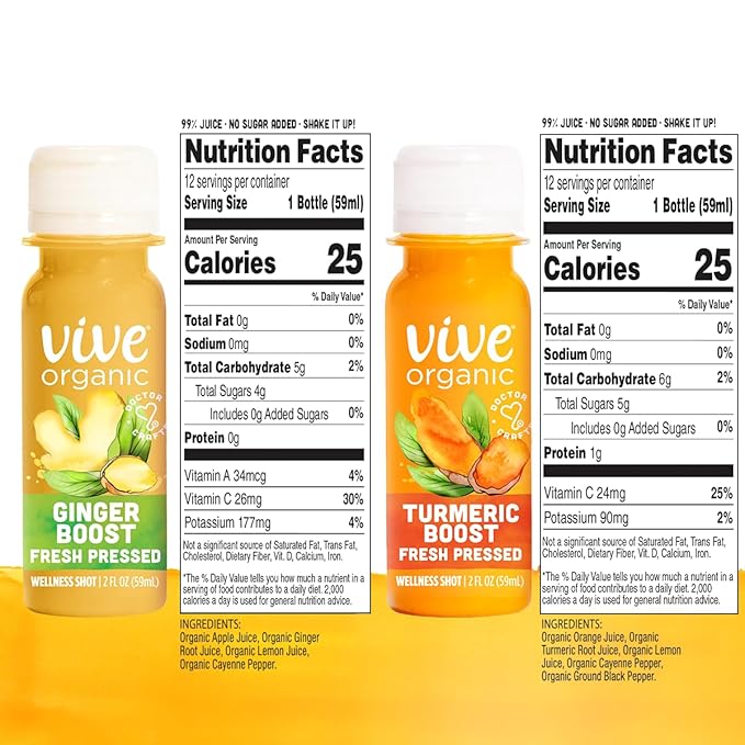 Vive Organic Immune Support Ginger Shot + Turmeric Shot Variety Pack, Cold-Pressed Ginger Root & Turmeric, Gluten Free, Vegan, Immunity Booster, 2 Fl Oz (Pack of 24)