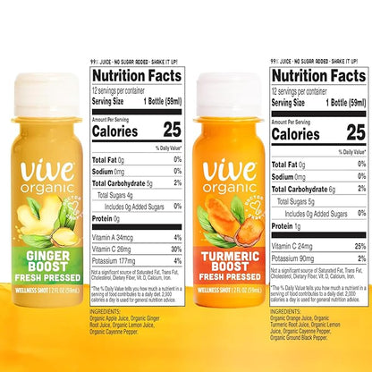 Vive Organic Immune Support Ginger Shot + Turmeric Shot Variety Pack, Cold-Pressed Ginger Root & Turmeric, Gluten Free, Vegan, Immunity Booster, 2 Fl Oz (Pack of 24)