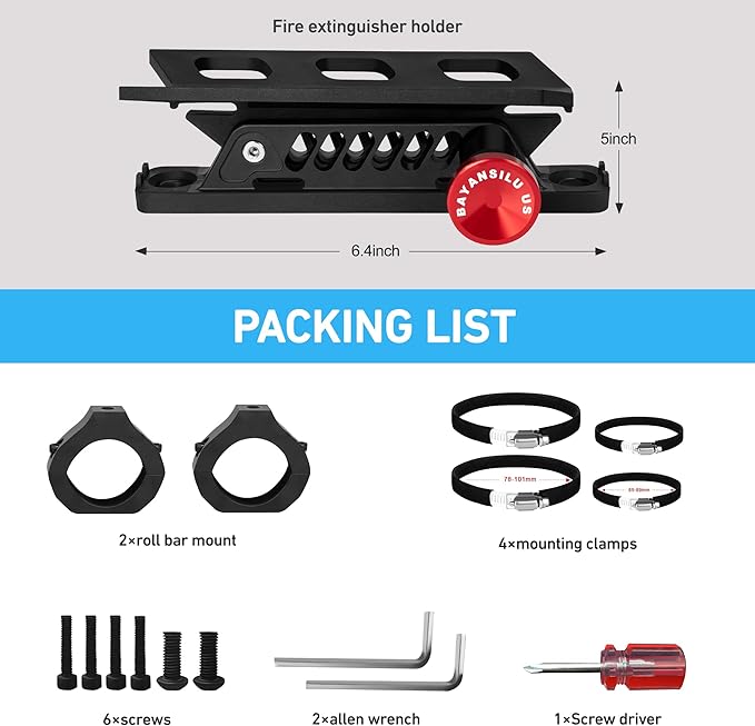 Fire Extinguisher Mount for UTV, Jeep, ATV – Quick Release Holder with Adjustable Bracket for 1.75" to 2" Roll Bars – Ideal for Cars, Boats, RVs, SXS – Secure, Easy Install Fire Extinguisher Kit.