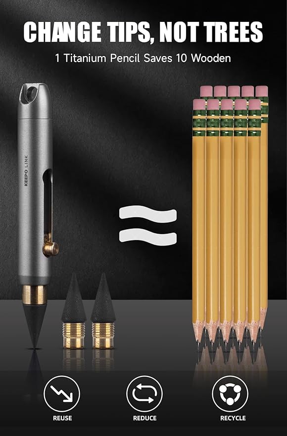 KEEPO LINK Mini Mechanical Pencil with Key Ring & 2 Extra Nibs, Titanium Infinite Keychain Pencil for Everyday Carry, Office, Outdoor, Back to School Supplies, OLP01 (Matte Black)