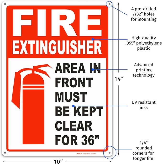 Brimar - 10 x 14" - Fire Extinguisher Keep Clear Sign - Polyethylene Plastic - Safety Promotion - Easy Installation