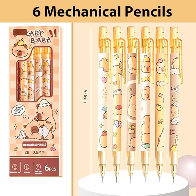 6Pcs Mechanical Pencils,Lead Refills,Erasers,Capybara School Supplies,Capybara Stationery Set,Kawaii Stationery Christmas Birthday Gifts,for Office School Supplies