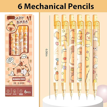 6Pcs Mechanical Pencils,Lead Refills,Erasers,Capybara School Supplies,Capybara Stationery Set,Kawaii Stationery Christmas Birthday Gifts,for Office School Supplies