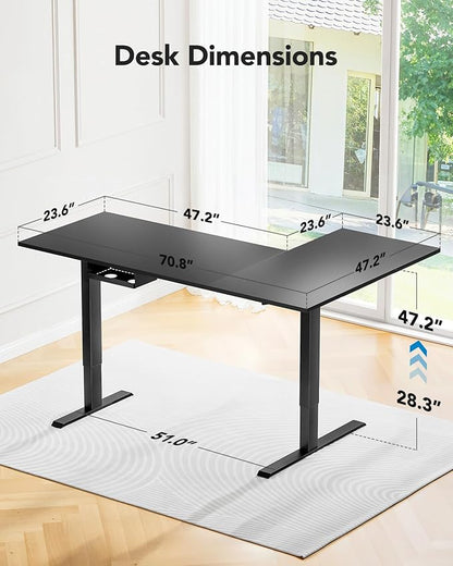 HUANUO 71 x 48 inch Dual Motor L Shaped Electric Standing Desk with 3 Preset Heights, Electric Height Adjustable Computer Table, 2 Hooks & Cable Tray, Raising Desk for Home Office, Black