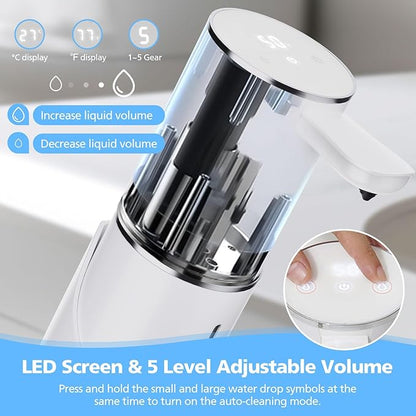 Automatic Soap Dispenser Touchless, 15.55 oz/460mL USB C Rechargeable Hand Sanitizer Dispenser with Auto Clean, 5 Adjust Volume,°C&℉ Display, Waterproof Pump for Bathroom Kitchen (White-Liquid)