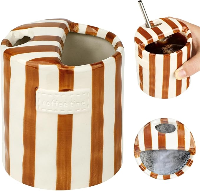 Novelty Ceramic Coffee Mug Designed to Look Like a Gift Box, 10oz Retro Hand-Painted Ceramic Travel Mug, Brown & White Striped, Microwave & Dishwasher Safe, Perfect Present for Coffee Lovers (Brown)