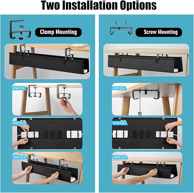 Oxford Cloth Under Desk Cable Management Tray,No-Drill 36" Desk Cable Management Organizer with Clip/Screw Installation,Holds Up to 70 lbs,Fabric Cable Management for Home,Office & Gaming Computer