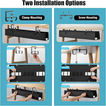 Oxford Cloth Under Desk Cable Management Tray,No-Drill 36" Desk Cable Management Organizer with Clip/Screw Installation,Holds Up to 70 lbs,Fabric Cable Management for Home,Office & Gaming Computer