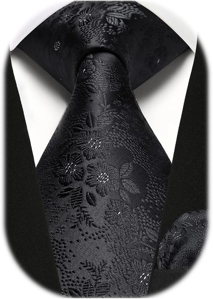 HISDERN Men Floral Ties Woven Classic 3.4" Necktie Set Formal Tie Pocket Square for Wedding with Handkerchief Gift Box