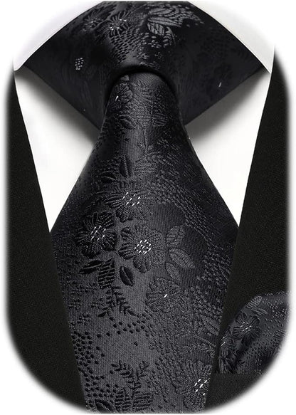 HISDERN Men Floral Ties Woven Classic 3.4" Necktie Set Formal Tie Pocket Square for Wedding with Handkerchief Gift Box
