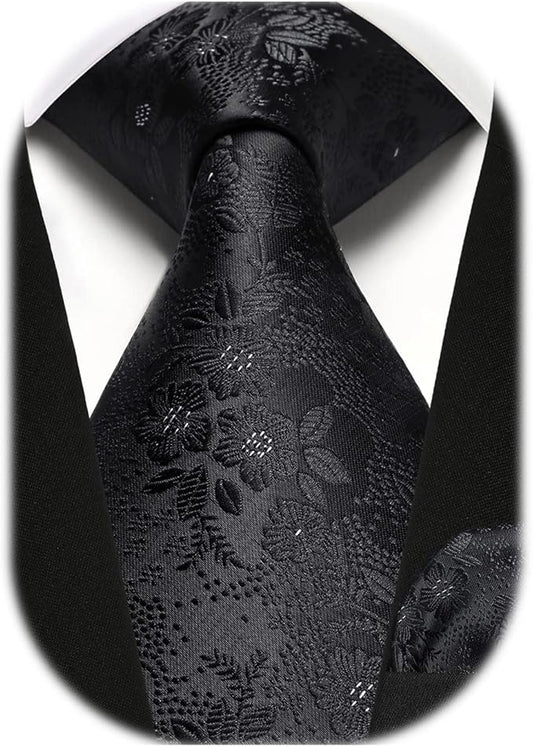 HISDERN Men Floral Ties Woven Classic 3.4" Necktie Set Formal Tie Pocket Square for Wedding with Handkerchief Gift Box