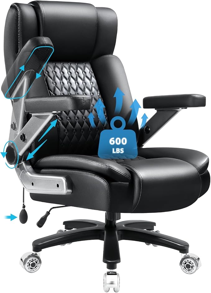 Big and Tall Office Chair 600lbs with 5D Flip Arms, Heavy Duty Executive Leather Office Chairs, Black Ergonomic Office Chair with Adjustable Lumbar Support & Pocket Spring Cushion, Dual Rubber Wheel