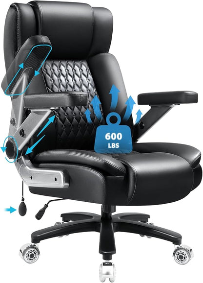 Big and Tall Office Chair 600lbs with 5D Flip Arms, Heavy Duty Executive Leather Office Chairs, Black Ergonomic Office Chair with Adjustable Lumbar Support & Pocket Spring Cushion, Dual Rubber Wheel