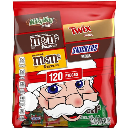M&M'S Milk Chocolate, M&M'S Peanut, SNICKERS, TWIX, MILKY WAY Christmas Candy Individually Wrapped Stocking Stuffers Variety Pack, Mixed Chocolate Candy Assortment Bag Bulk, 120-Piece