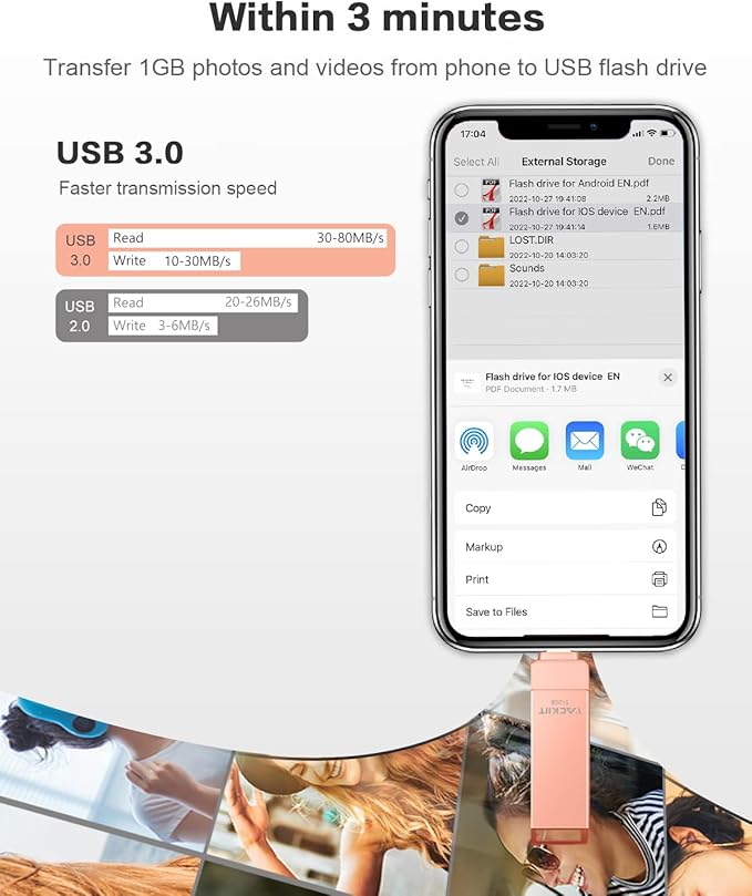MFi Certified 512GB Flash Drives 3.0 High Speed 3ni1 USB Stick External Storage Compatible for iPhone/PC/iPad/Android/More Devices for Photos and Videos Transfer Storage Backup(512GB-Pink)