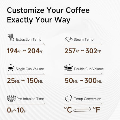 HIBREW H10A - 58mm Espresso Machine, Stainless Steel Body with Milk Frother, Customizable Settings, Smart Display + 20 Bar Pressure Gauge.