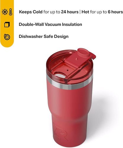 RTIC 20oz Essential Tumbler with Lid, Ceramic Lined, Insulated, Stainless Steel, Metal, Double Wall Vacuum-Insulation, Travel Cup for Iced Coffee, Tea, Hot and Cold Drink, Flag Red