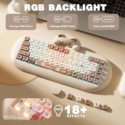 YUNZII C68 Wireless Mechanical Keyboard,65% Layout,Hot Swap,Triple Mode BT5.0/2.4G/Wired, RGB Backlit NKRO,Cute Cat Silicone Ergonomic Design for Win/Mac (Brown, Milk Switch)
