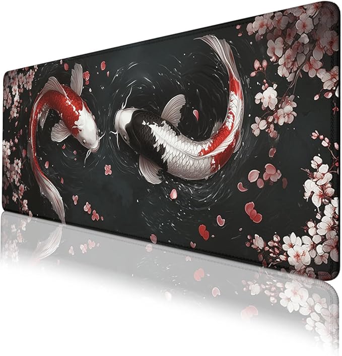 Koi Fish Gaming Mouse Pad Japanese Zen Yin Yang Cherry Blossoms XL Mouse Pad Large Mousepad Extended Laptop Keyboard Mat Gaming Desk Pad Mouse Mat 31.5"x11.8"