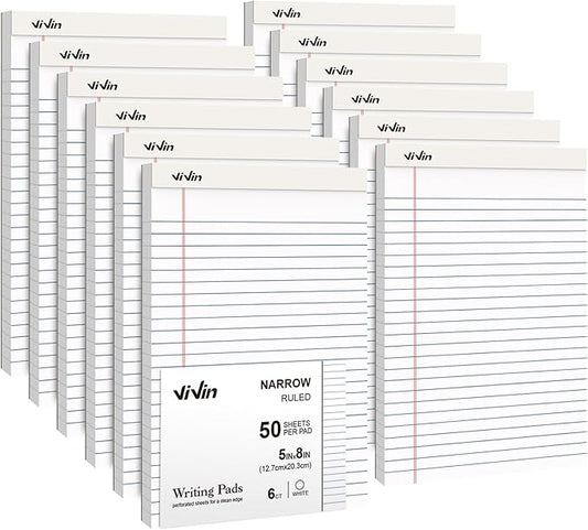 ViVin 5 x 8 Inch Legal Pads, 12 Pack, Narrow Ruled, 50 Sheets Per Writing Pad, Perforated Note Pads Ideal for Home, Office, Business, 600 Sheets, White Paper