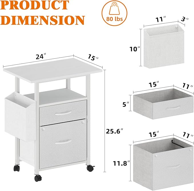 GYIIYUO 2 Fabric Drawer File Cabinet with 24'' Extended Desktop, Mobile Filing Cabinet, Rolling File Cabinet with Side Bag, Fits A4 Size, Home Office, White