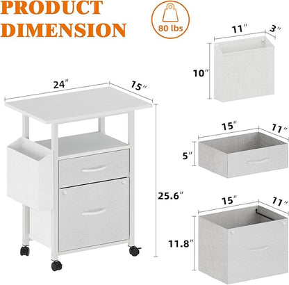 GYIIYUO 2 Fabric Drawer File Cabinet with 24'' Extended Desktop, Mobile Filing Cabinet, Rolling File Cabinet with Side Bag, Fits A4 Size, Home Office, White