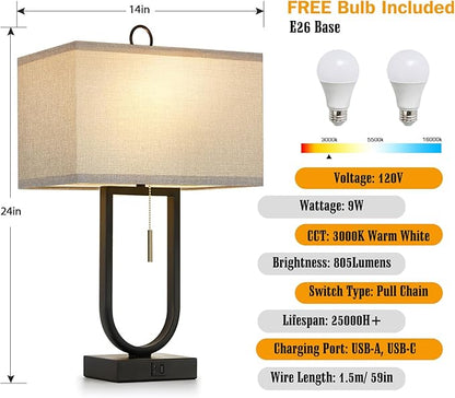 Luvkczc Nightstand Lamps Set of 2 with USB C+A Ports, 24'' Tall Table Lamp with Two 3000K LED Bulbs, Linen Lampshade, Modern Bedside Lamp for Living Room, Bedroom Reading,Grey